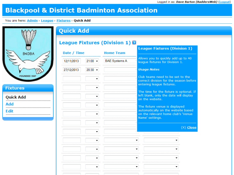 Blackpool & District Badminton Association (CMS) Website, © EasierThan Website Design