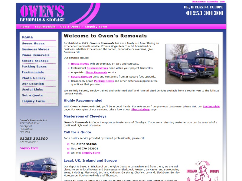 Website developed for Owen's Removals of Blackpool